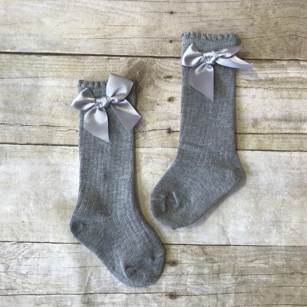 Boho Baby Girl Knee High Gray Ribbed Trouser Socks Satin Bowknot Accessory